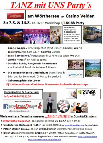 Casino Velden A4 neu mit Reisebus So 7.8. u. 14.8.16 ab 1616 bis 2222h TANZ mit UNS Party Strandbad Pirki, Velden, Graz 1